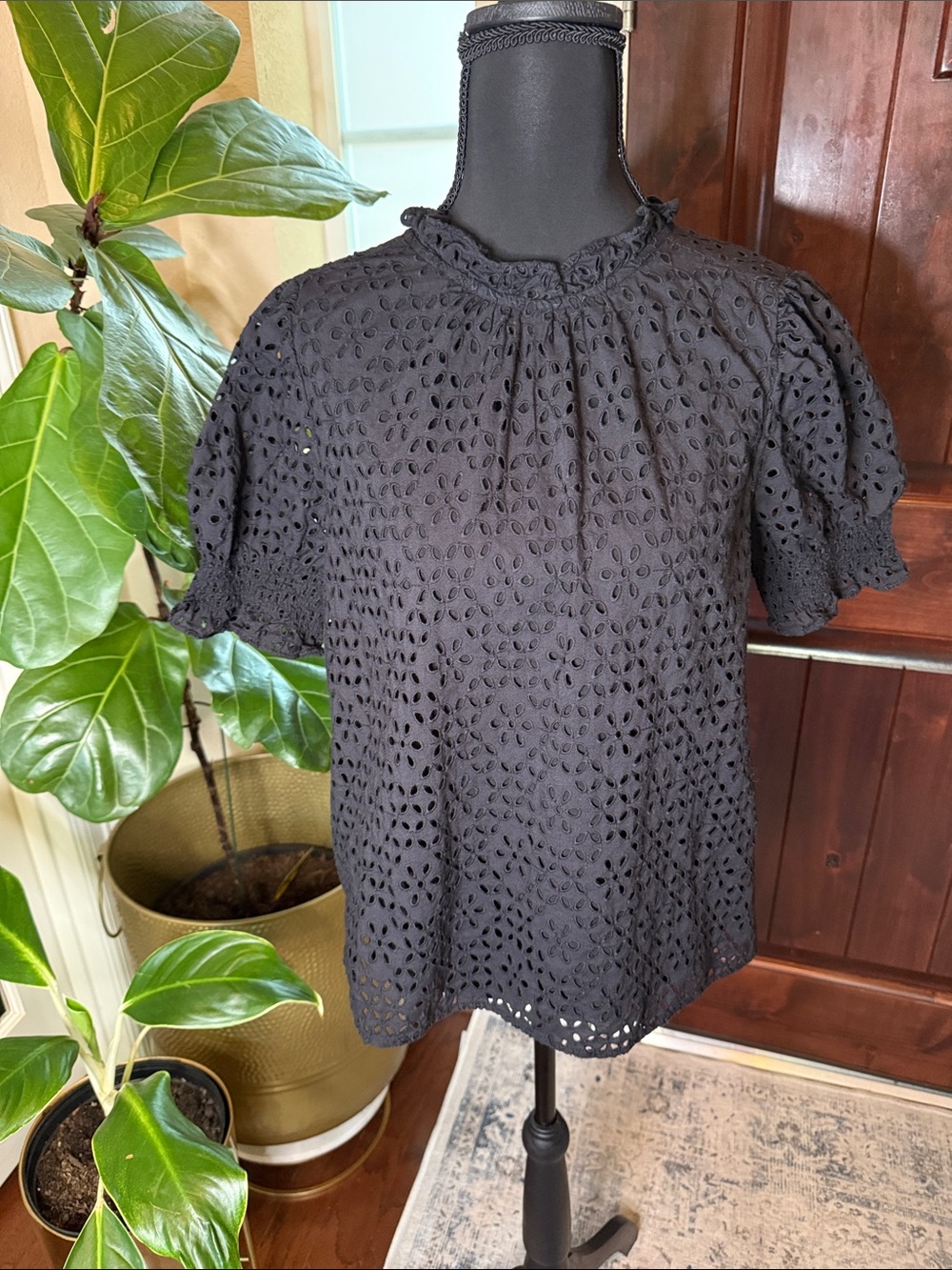 J. Crew Black Eyelet Smocked puff-sleeve top Size S